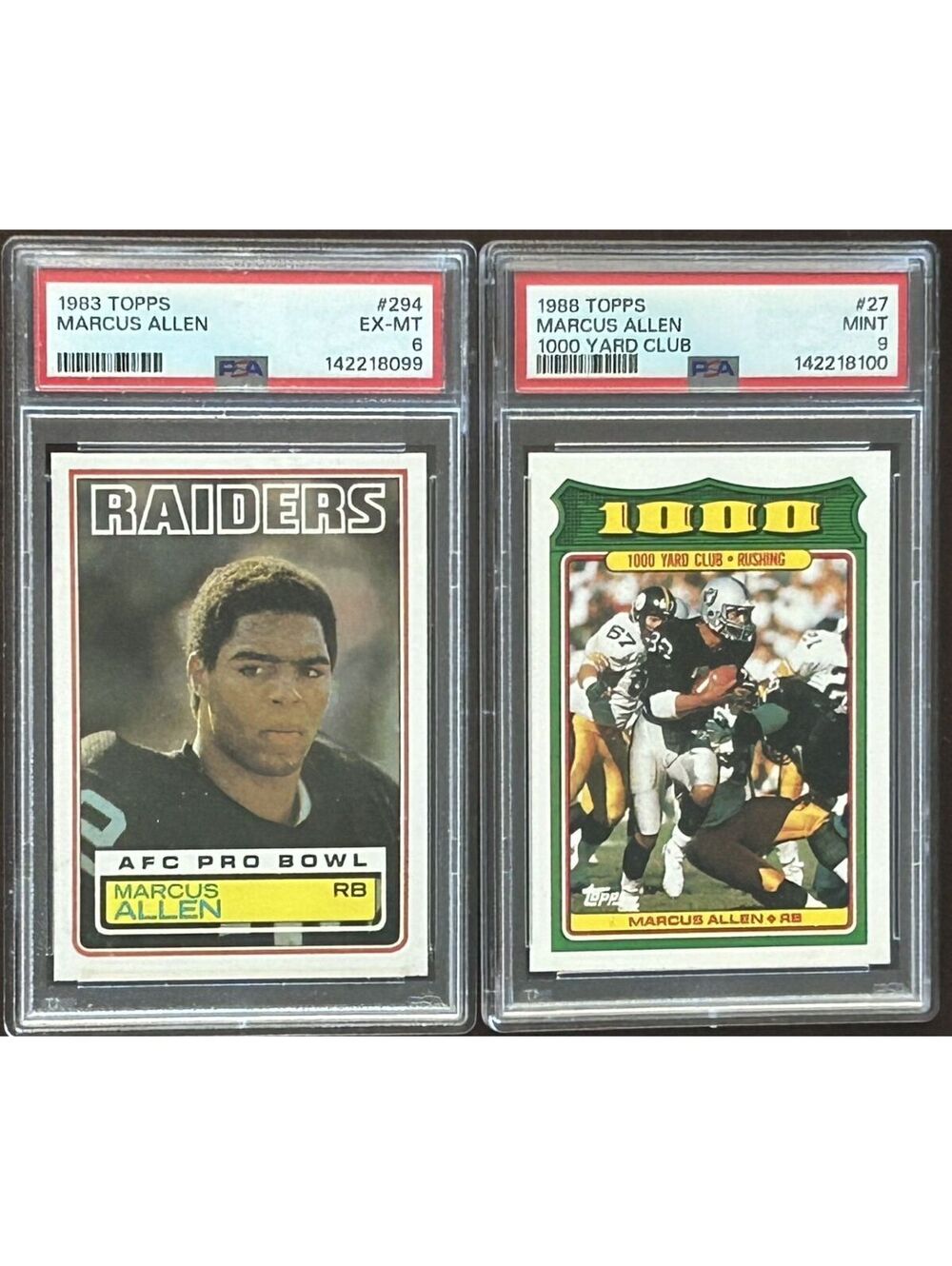 1983 MARCUS ALLEN TOPPS ROOKIE PSA 6 + 1988 TOPPS 1000 YARD CLUB PSA MINT 9